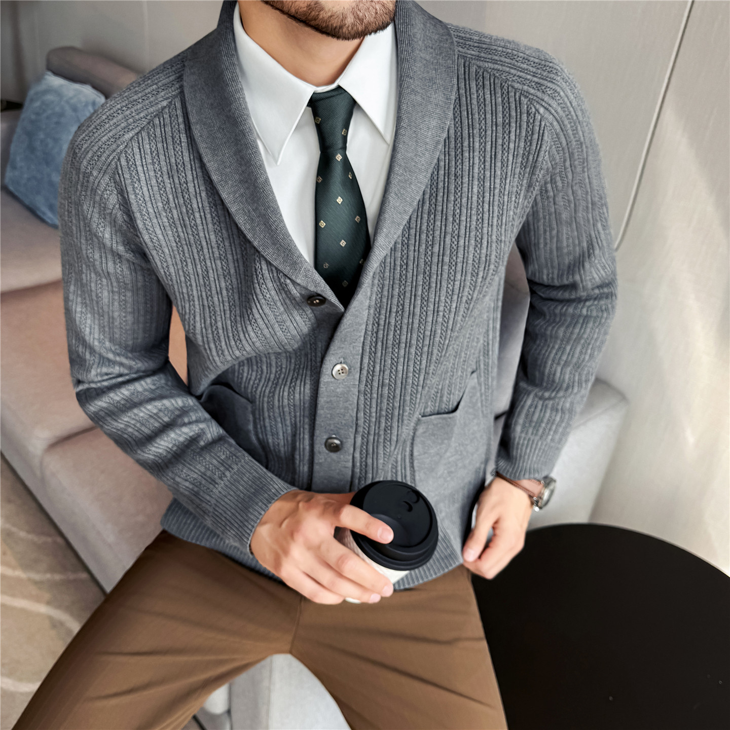 Men's Shawl Collar Knit Cardig - Muffler Men Wool 评论和价格