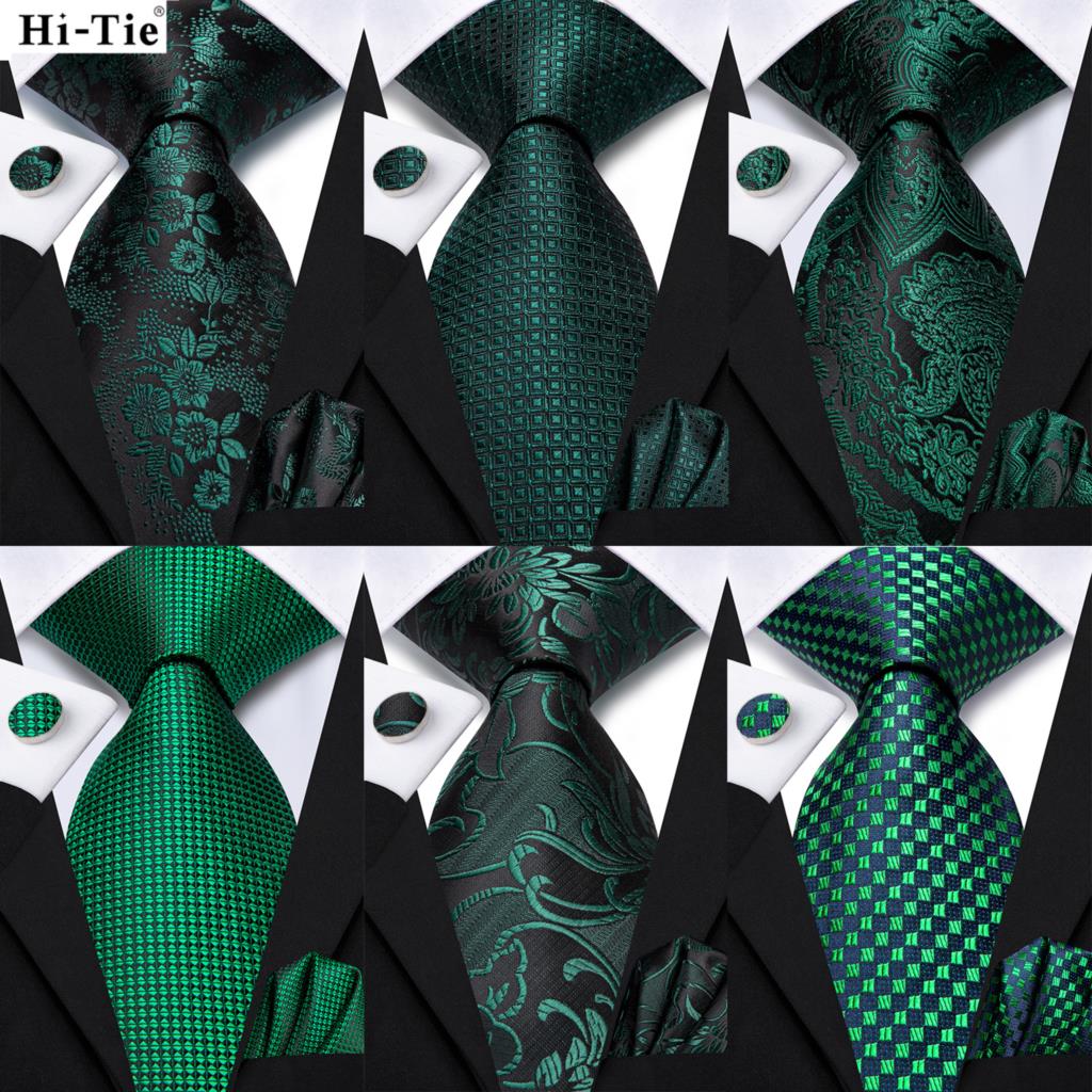 Hi-Tie Dark Green Psialey Silk - Pocket Square Set 评论和价格